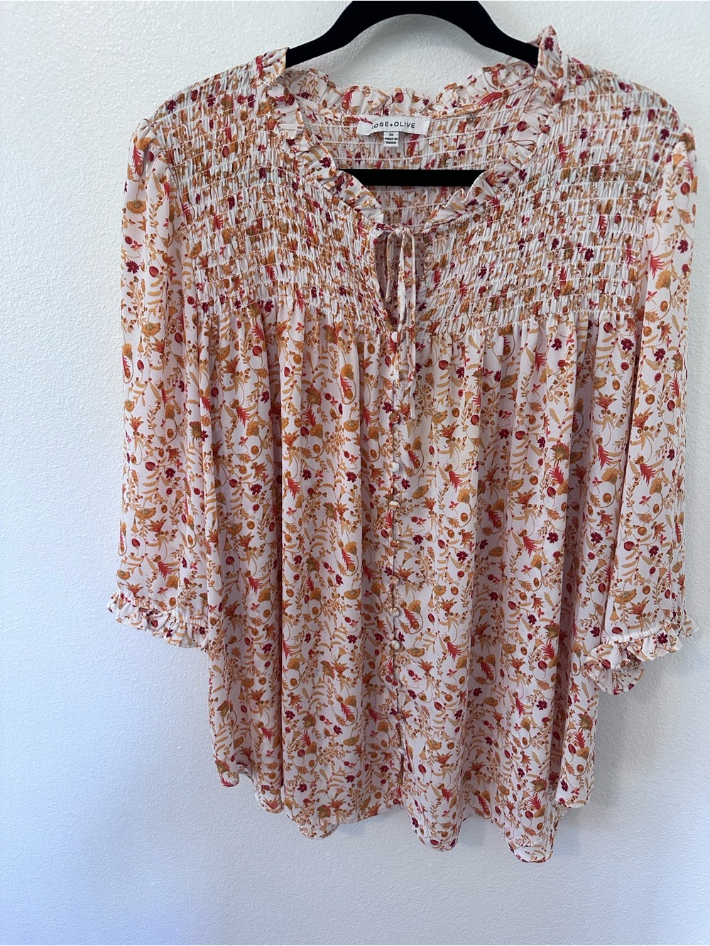 Rose & Olive Cream Floral Smocked Peasant Top with Rust Accents